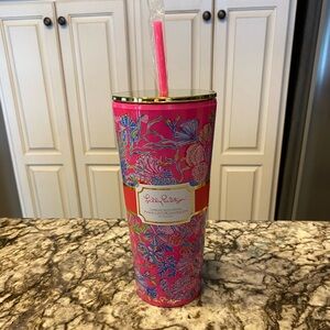 Lily Pulitzer Tumbler with Straw. Colors pink, green, purple, blue, gold.